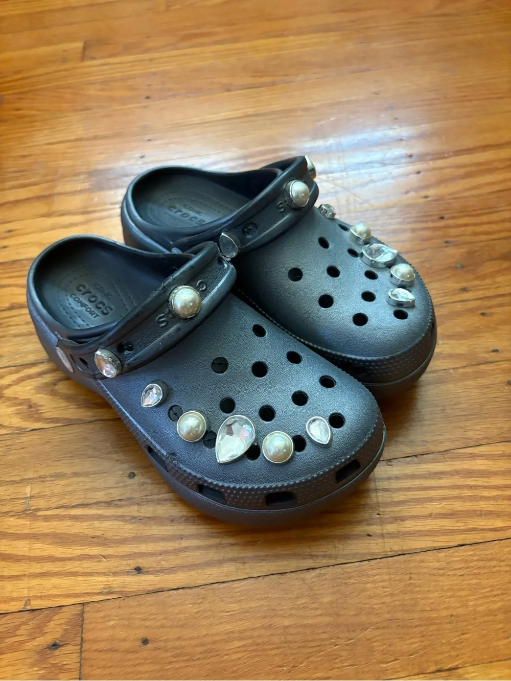 CROCS Kids Black Clog Sandals with Pearl & Teardrop Gems